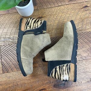 SOREL 6 Major Suede Ankle Bootie Zebra Print leather calf fur boot womens